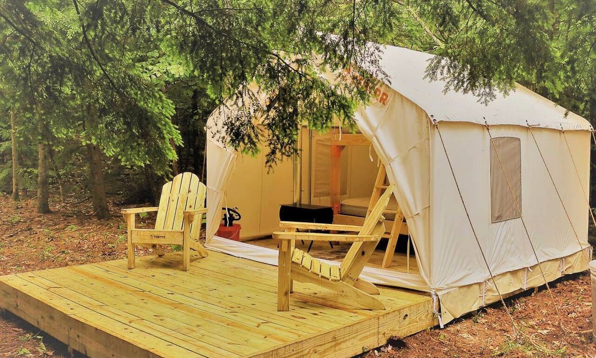 Bennington RV Rental | Private Riverfront Safari tent for a Glamping Experience in the Monadnock Region, New Hampshire