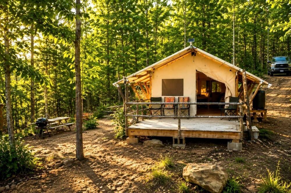 Lenoir RV Rental | Remote Off-Grid Safari Tent with Private Mountaintop Ridge on 180 Acres Near Lenoir, NC