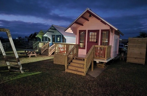 Port Bolivar House | "Barbie" Bunkie adorable beach tiny home, Barbie Bunkie beach glamping cabin