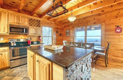 Lake Lure House | Rustic mountain-view home with deck, fire pit, hot tub, fireplace, & game room