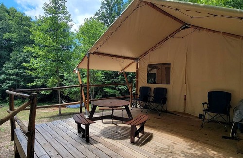 Lenoir RV Rental | Secluded Off-Grid Glamping Tent on 180 Acres near Ponds & Forest Trails, Lenoir, NC